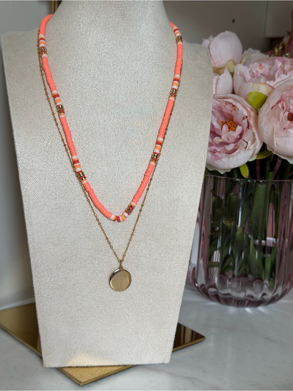BaubleBar Coral Pink Beaded Layered Necklace with Gold Pendant